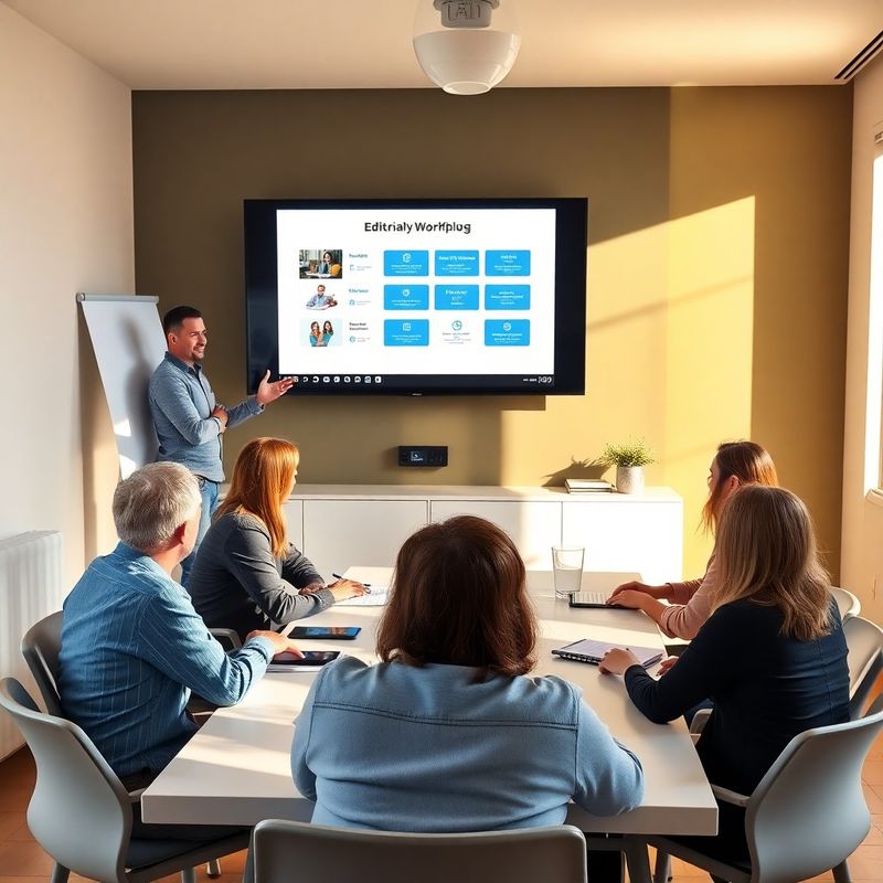 Sesión de formación editorial con un formador presentando flujos de trabajo a un pequeño grupo
