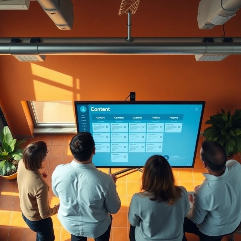 Tablero de pipeline editorial en Notion con columnas azules y equipo colaborando alrededor