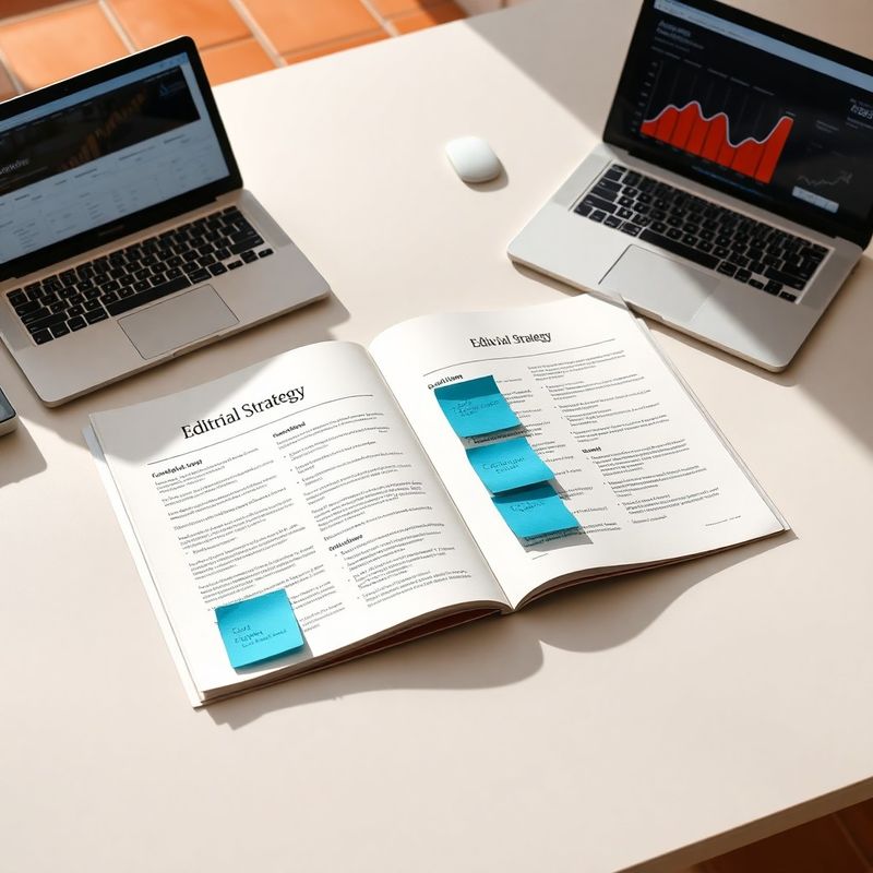 Documento de estrategia editorial impreso sobre un escritorio con notas azules y un panel analítico al fondo
