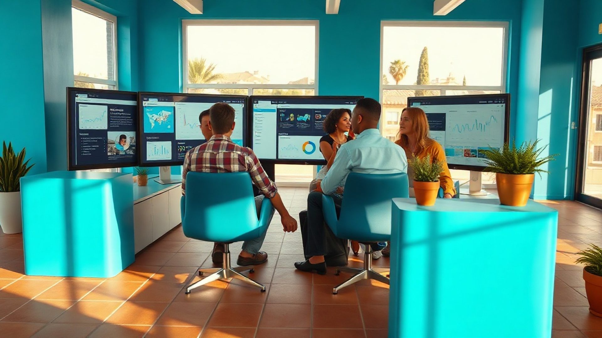 Equipo editorial revisando paneles de contenido en una oficina luminosa en Murcia